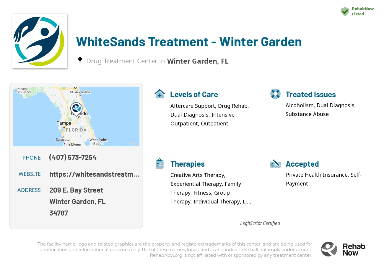 Helpful reference information for WhiteSands Treatment - Winter Garden, a drug treatment center in Florida located at: 209 E. Bay Street, Winter Garden, FL, 34787, including phone numbers, official website, and more. Listed briefly is an overview of Levels of Care, Therapies Offered, Issues Treated, and accepted forms of Payment Methods.