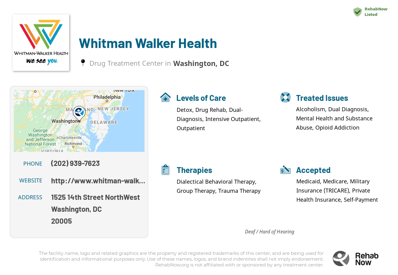 Helpful reference information for Whitman Walker Health, a drug treatment center in District of Columbia located at: 1525 14th Street NorthWest, Washington, DC, 20005, including phone numbers, official website, and more. Listed briefly is an overview of Levels of Care, Therapies Offered, Issues Treated, and accepted forms of Payment Methods.