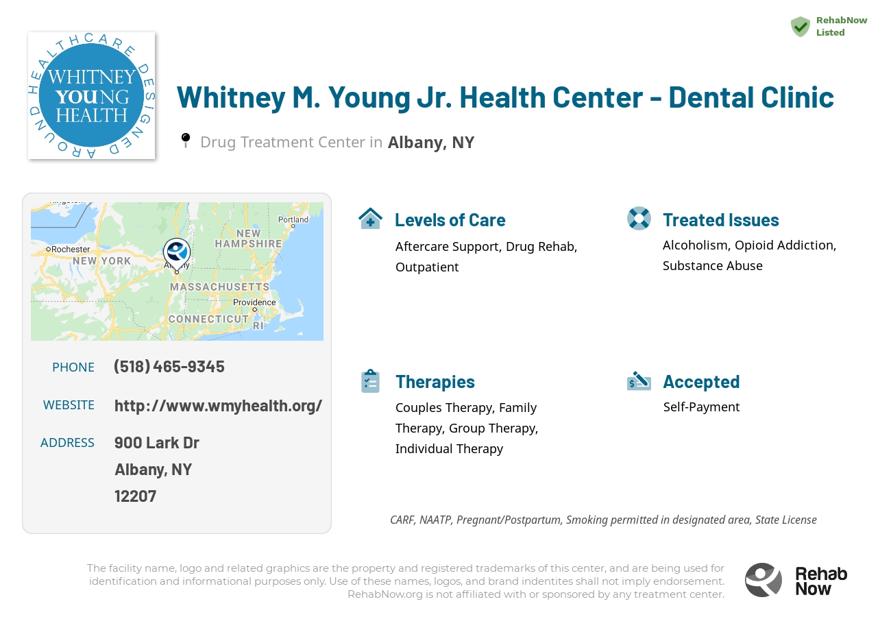 Helpful reference information for Whitney M. Young Jr. Health Center - Dental Clinic, a drug treatment center in New York located at: 900 Lark Dr, Albany, NY 12207, including phone numbers, official website, and more. Listed briefly is an overview of Levels of Care, Therapies Offered, Issues Treated, and accepted forms of Payment Methods.