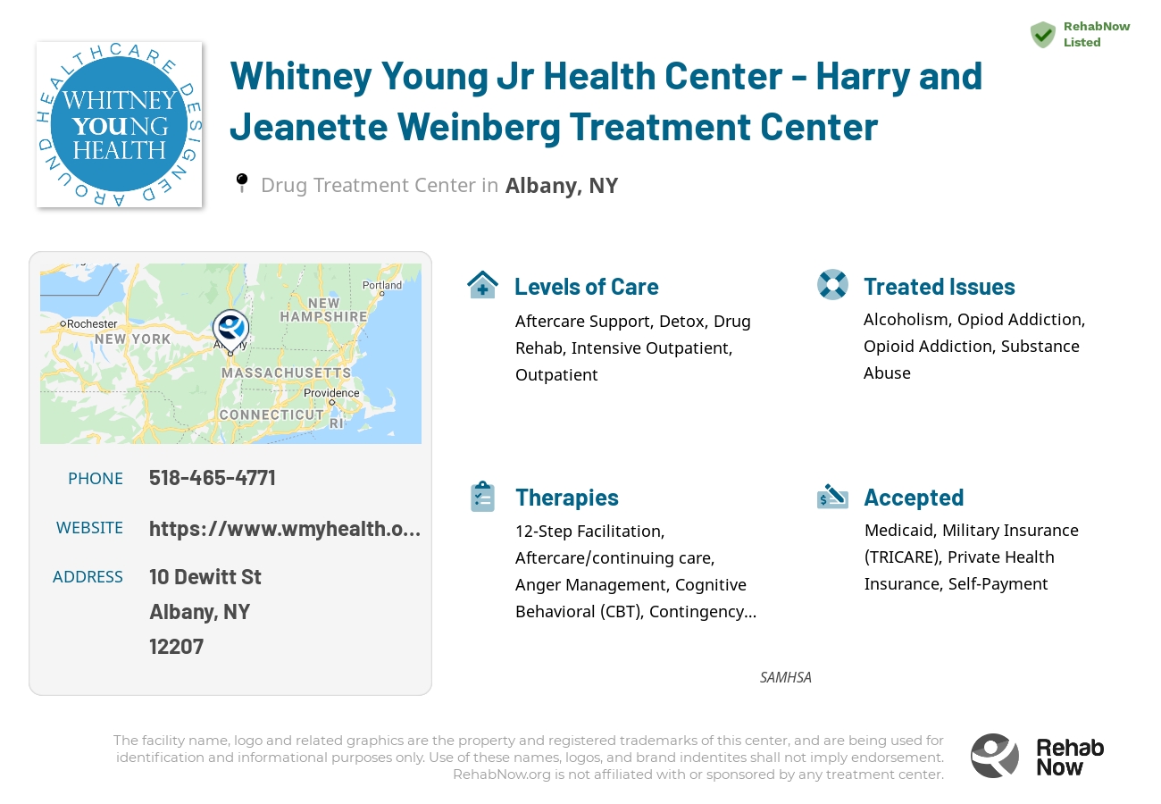 Helpful reference information for Whitney Young Jr Health Center - Harry and Jeanette Weinberg Treatment Center, a drug treatment center in New York located at: 10 Dewitt St, Albany, NY 12207, including phone numbers, official website, and more. Listed briefly is an overview of Levels of Care, Therapies Offered, Issues Treated, and accepted forms of Payment Methods.