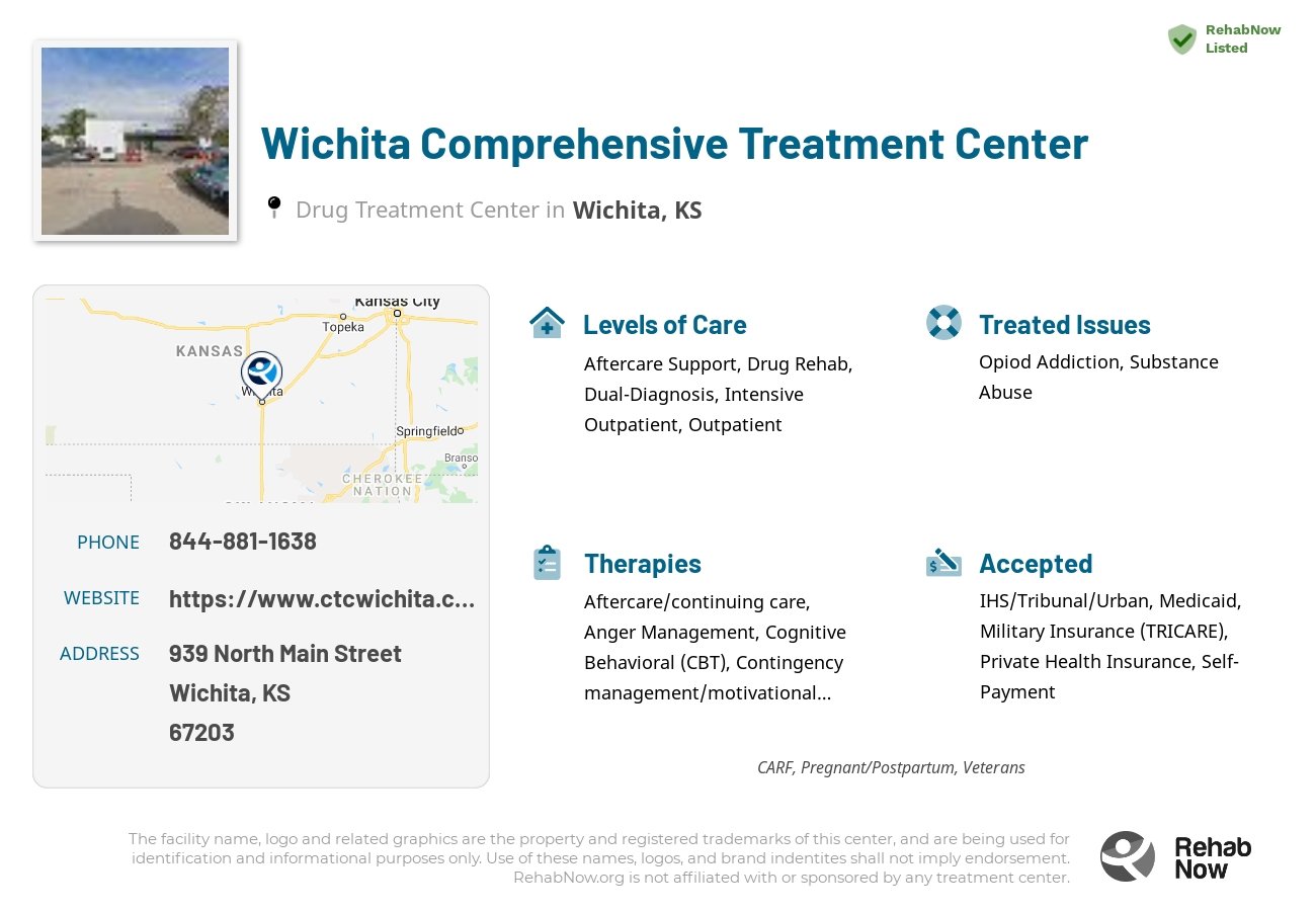 Helpful reference information for Wichita Comprehensive Treatment Center, a drug treatment center in Kansas located at: 939 North Main Street, Wichita, KS 67203, including phone numbers, official website, and more. Listed briefly is an overview of Levels of Care, Therapies Offered, Issues Treated, and accepted forms of Payment Methods.