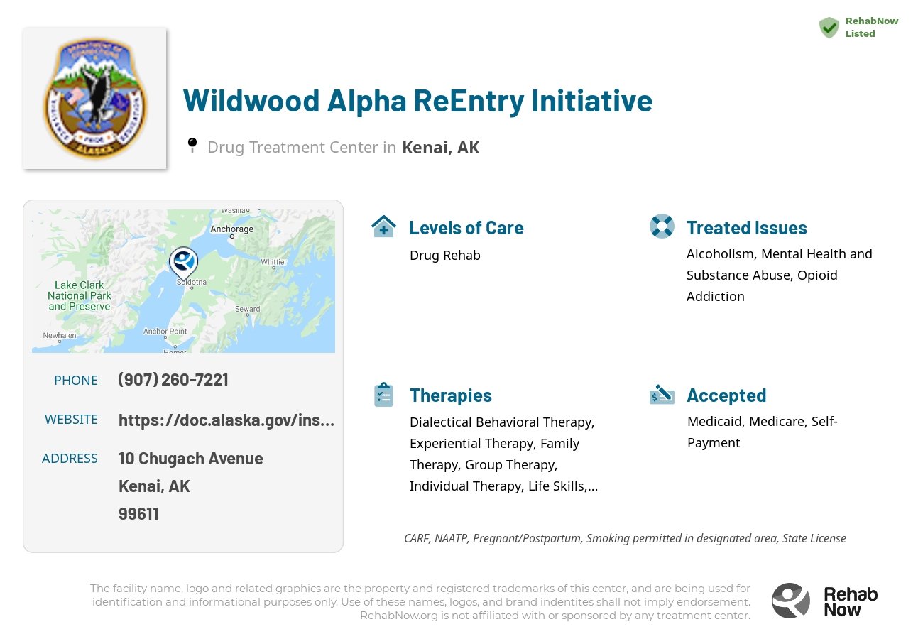 Helpful reference information for Wildwood Alpha ReEntry Initiative, a drug treatment center in Alaska located at: 10 Chugach Avenue, Kenai, AK, 99611, including phone numbers, official website, and more. Listed briefly is an overview of Levels of Care, Therapies Offered, Issues Treated, and accepted forms of Payment Methods.