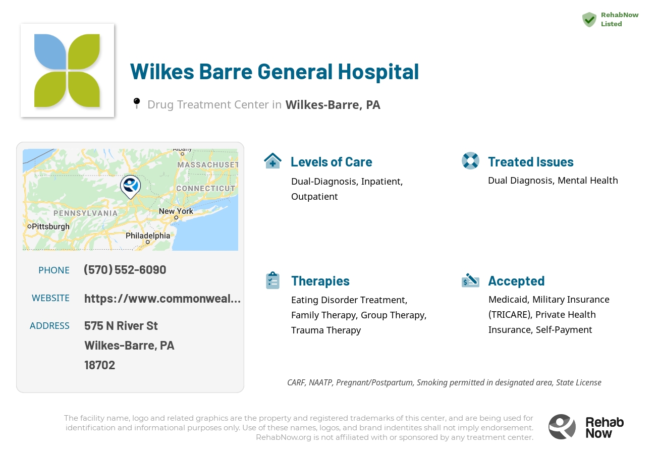 Helpful reference information for Wilkes Barre General Hospital, a drug treatment center in Pennsylvania located at: 575 N River St, Wilkes-Barre, PA 18702, including phone numbers, official website, and more. Listed briefly is an overview of Levels of Care, Therapies Offered, Issues Treated, and accepted forms of Payment Methods.