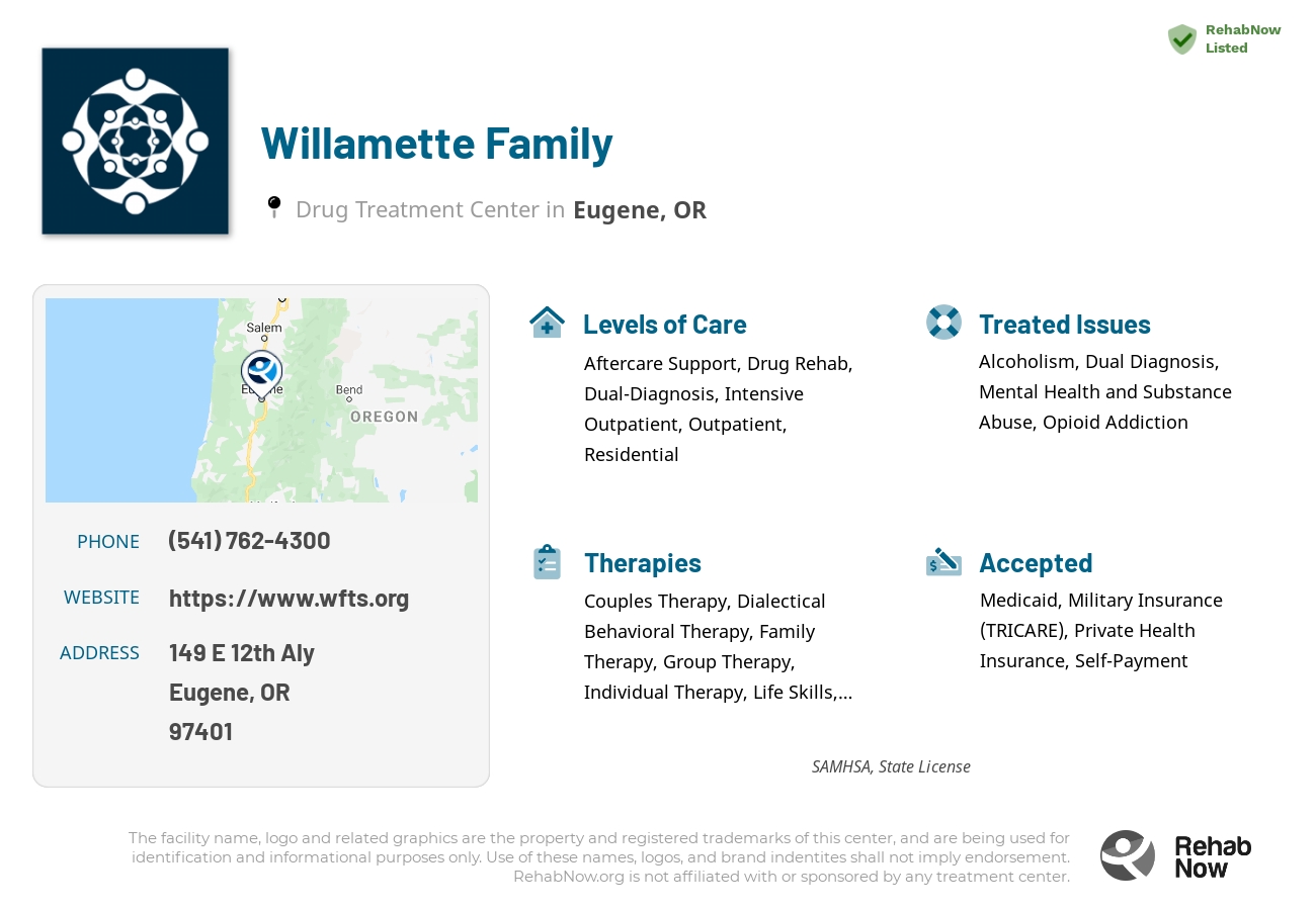 Helpful reference information for Willamette Family, a drug treatment center in Oregon located at: 149 E 12th Aly, Eugene, OR 97401, including phone numbers, official website, and more. Listed briefly is an overview of Levels of Care, Therapies Offered, Issues Treated, and accepted forms of Payment Methods.