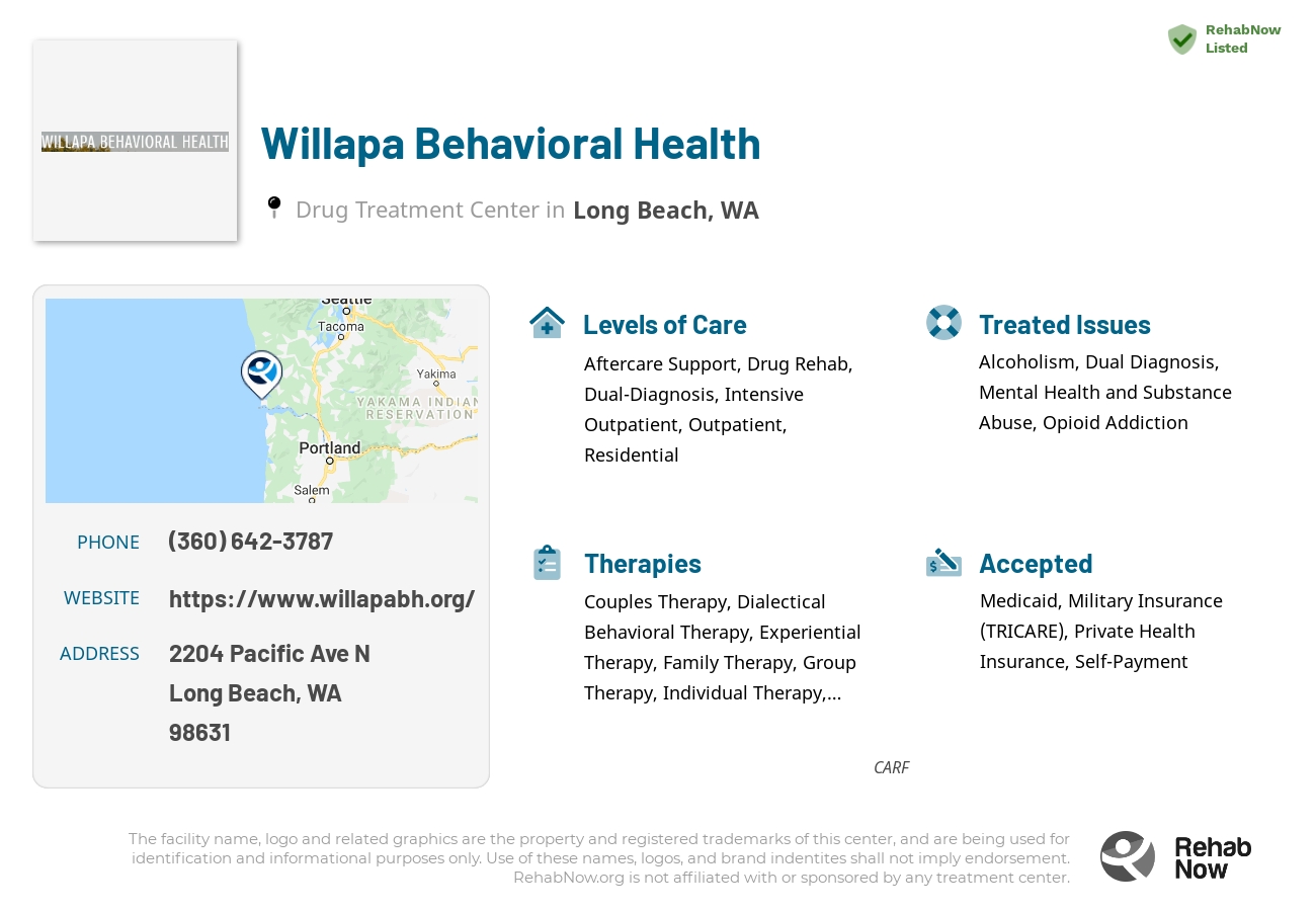 Helpful reference information for Willapa Behavioral Health, a drug treatment center in Washington located at: 2204 Pacific Ave N, Long Beach, WA 98631, including phone numbers, official website, and more. Listed briefly is an overview of Levels of Care, Therapies Offered, Issues Treated, and accepted forms of Payment Methods.