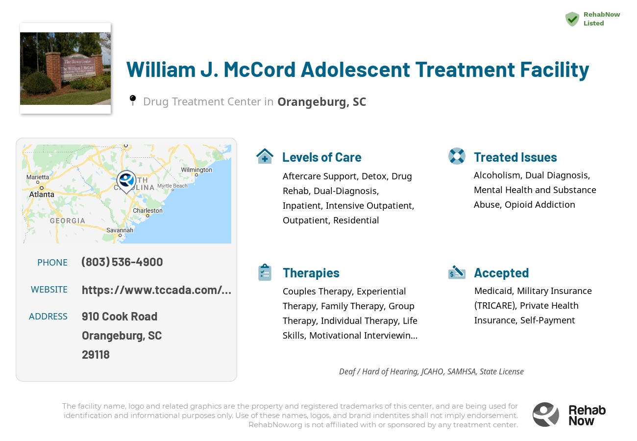 Helpful reference information for William J. McCord Adolescent Treatment Facility, a drug treatment center in South Carolina located at: 910 910 Cook Road, Orangeburg, SC 29118, including phone numbers, official website, and more. Listed briefly is an overview of Levels of Care, Therapies Offered, Issues Treated, and accepted forms of Payment Methods.
