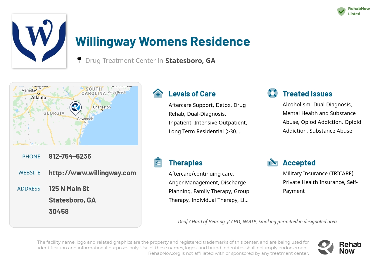 Helpful reference information for Willingway Womens Residence, a drug treatment center in Georgia located at: 125 N Main St, Statesboro, GA 30458, including phone numbers, official website, and more. Listed briefly is an overview of Levels of Care, Therapies Offered, Issues Treated, and accepted forms of Payment Methods.