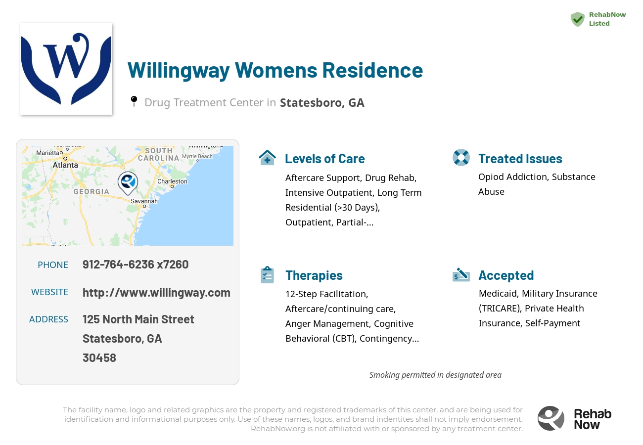 Helpful reference information for Willingway Womens Residence, a drug treatment center in Georgia located at: 125 North Main Street, Statesboro, GA 30458, including phone numbers, official website, and more. Listed briefly is an overview of Levels of Care, Therapies Offered, Issues Treated, and accepted forms of Payment Methods.