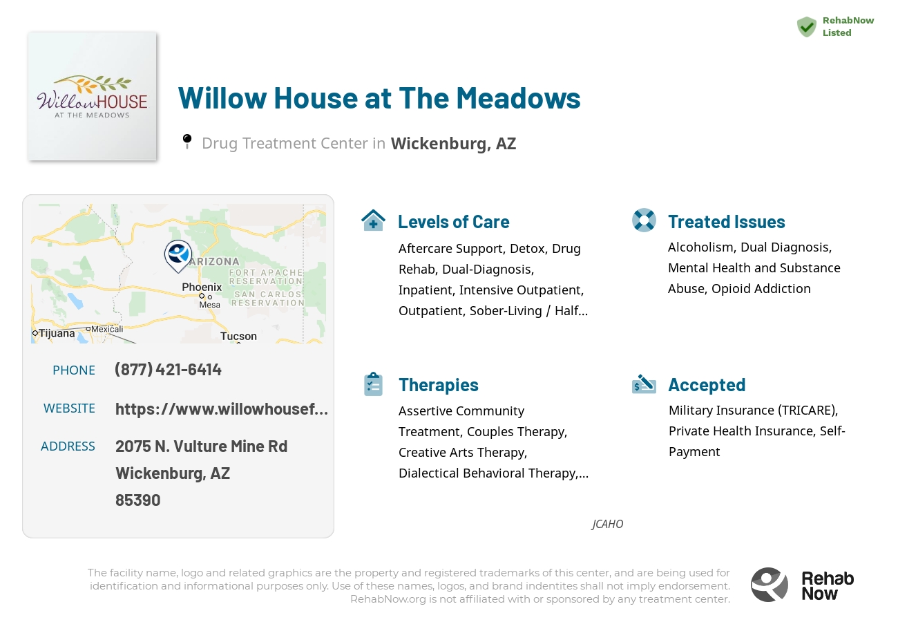 Helpful reference information for Willow House at The Meadows, a drug treatment center in Arizona located at: 2075 N. Vulture Mine Rd, Wickenburg, AZ, 85390, including phone numbers, official website, and more. Listed briefly is an overview of Levels of Care, Therapies Offered, Issues Treated, and accepted forms of Payment Methods.