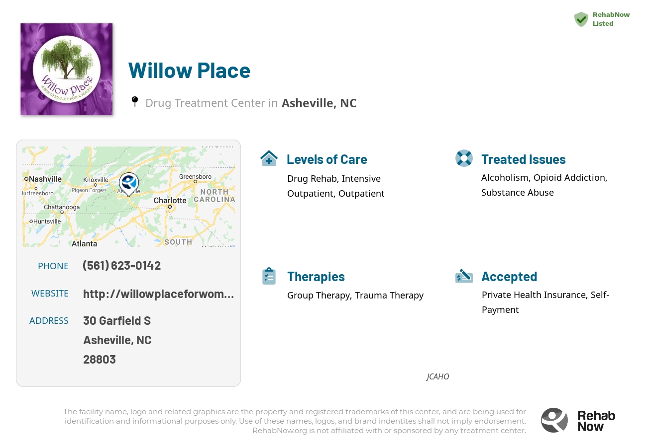 Helpful reference information for Willow Place, a drug treatment center in North Carolina located at: 30 Garfield S, Asheville, NC, 28803, including phone numbers, official website, and more. Listed briefly is an overview of Levels of Care, Therapies Offered, Issues Treated, and accepted forms of Payment Methods.