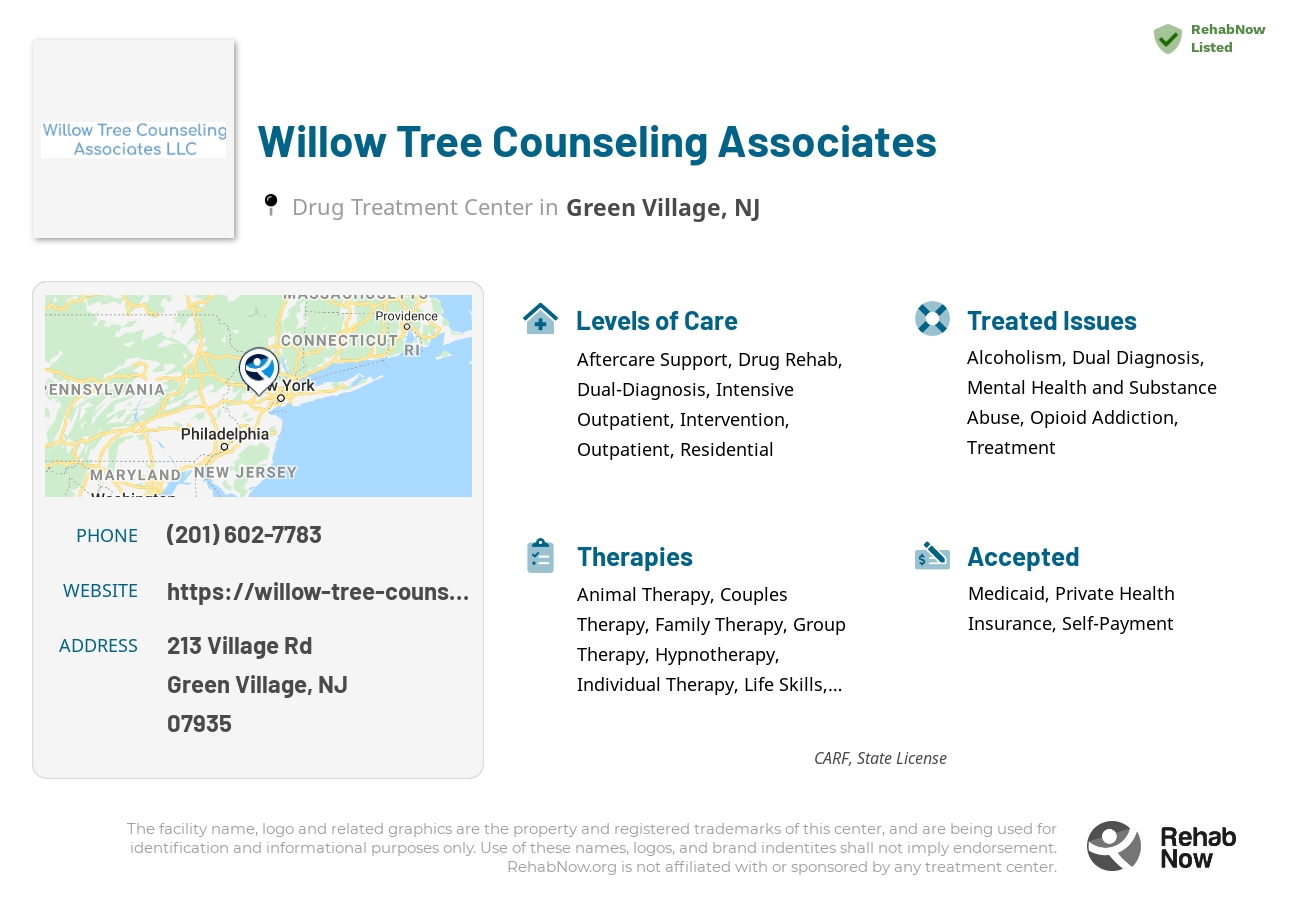 Helpful reference information for Willow Tree Counseling Associates, a drug treatment center in New Jersey located at: 213 Village Rd, Green Village, NJ 07935, including phone numbers, official website, and more. Listed briefly is an overview of Levels of Care, Therapies Offered, Issues Treated, and accepted forms of Payment Methods.