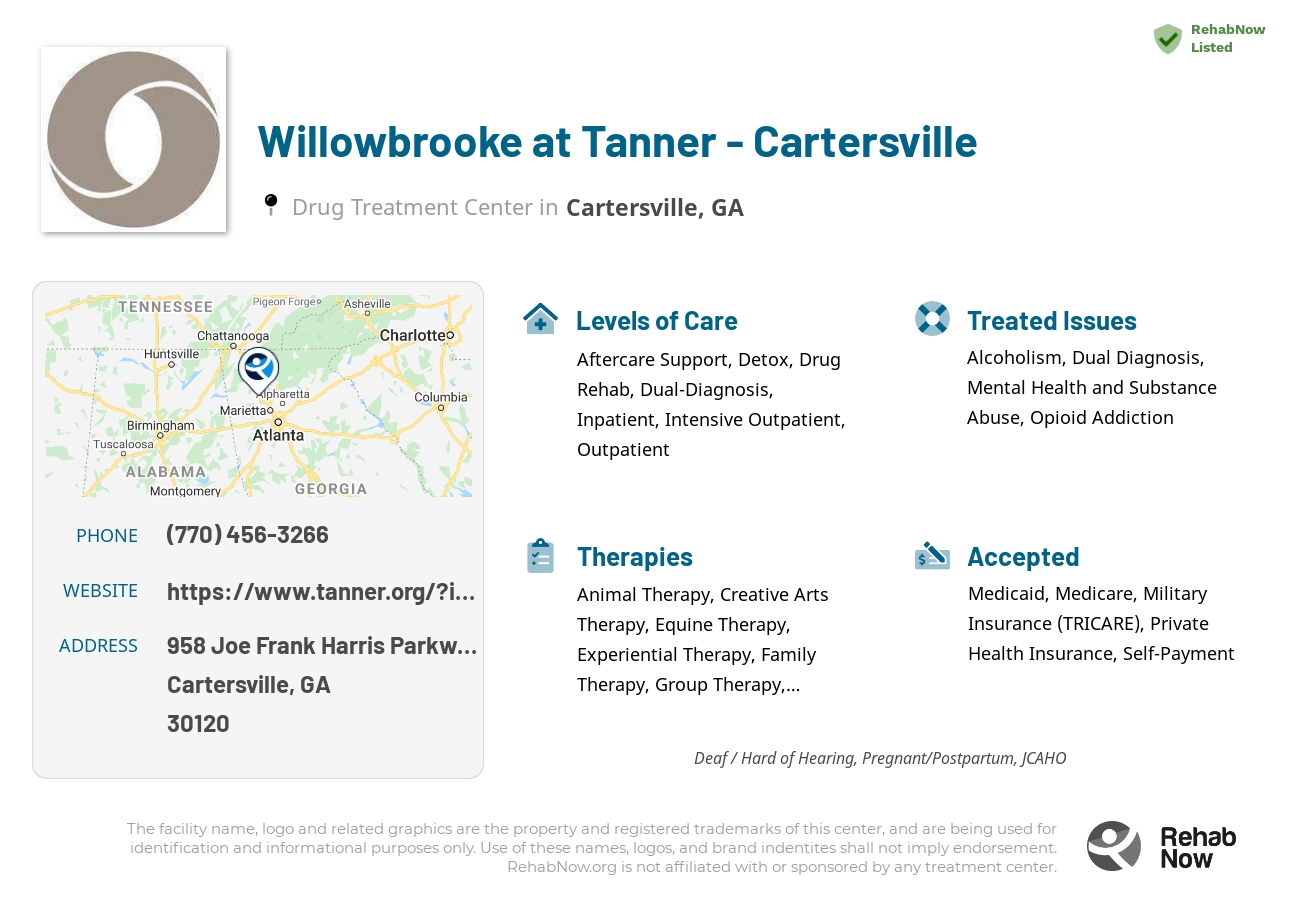 Helpful reference information for Willowbrooke at Tanner - Cartersville, a drug treatment center in Georgia located at: 958 958 Joe Frank Harris Parkway SE, Cartersville, GA 30120, including phone numbers, official website, and more. Listed briefly is an overview of Levels of Care, Therapies Offered, Issues Treated, and accepted forms of Payment Methods.