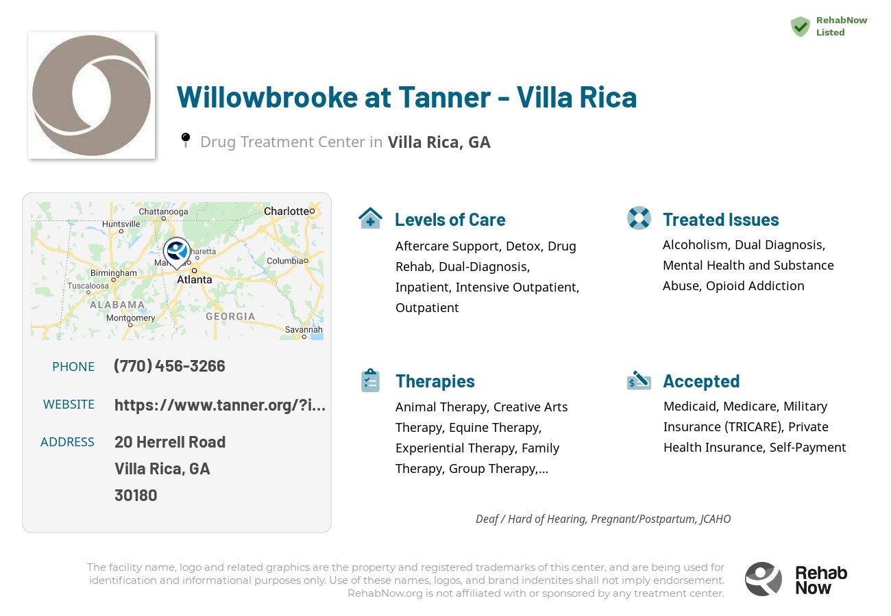 Helpful reference information for Willowbrooke at Tanner - Villa Rica, a drug treatment center in Georgia located at: 20 20 Herrell Road, Villa Rica, GA 30180, including phone numbers, official website, and more. Listed briefly is an overview of Levels of Care, Therapies Offered, Issues Treated, and accepted forms of Payment Methods.