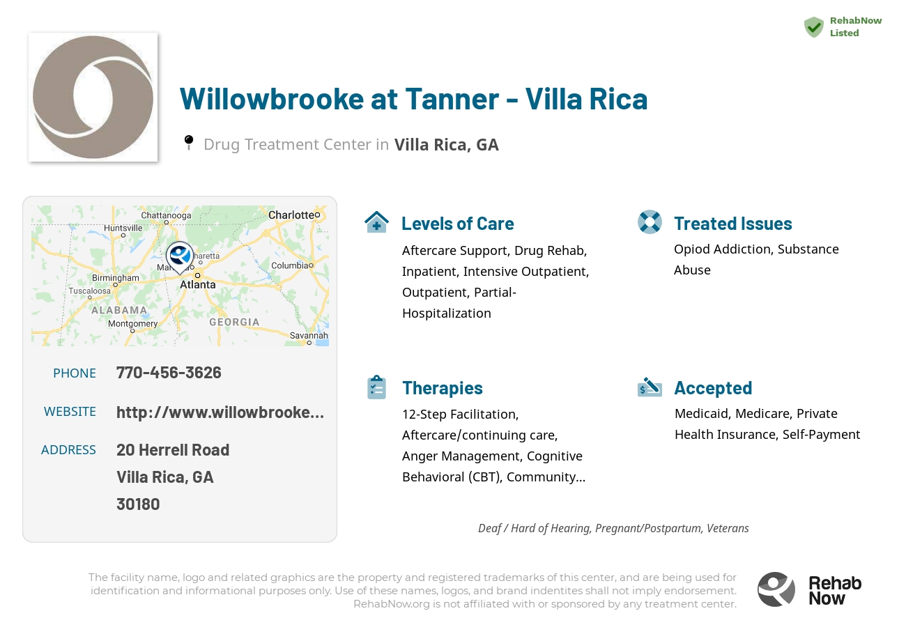 Helpful reference information for Willowbrooke at Tanner - Villa Rica, a drug treatment center in Georgia located at: 20 Herrell Road, Villa Rica, GA 30180, including phone numbers, official website, and more. Listed briefly is an overview of Levels of Care, Therapies Offered, Issues Treated, and accepted forms of Payment Methods.