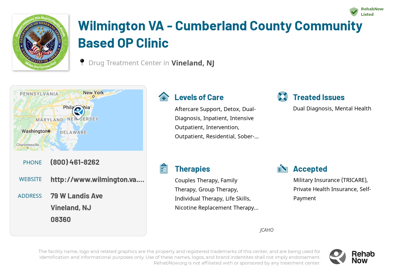 Helpful reference information for Wilmington VA - Cumberland County Community Based OP Clinic, a drug treatment center in New Jersey located at: 79 W Landis Ave, Vineland, NJ 08360, including phone numbers, official website, and more. Listed briefly is an overview of Levels of Care, Therapies Offered, Issues Treated, and accepted forms of Payment Methods.