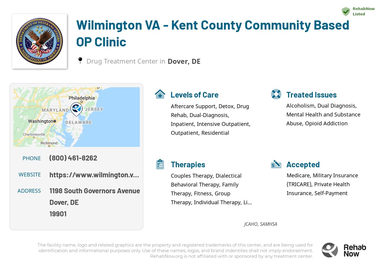 Helpful reference information for Wilmington VA - Kent County Community Based OP Clinic, a drug treatment center in Delaware located at: 1198 South Governors Avenue, Dover, DE, 19901, including phone numbers, official website, and more. Listed briefly is an overview of Levels of Care, Therapies Offered, Issues Treated, and accepted forms of Payment Methods.