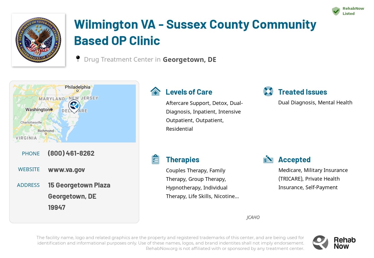 Helpful reference information for Wilmington VA - Sussex County Community Based OP Clinic, a drug treatment center in Delaware located at: 15 Georgetown Plaza, Georgetown, DE, 19947, including phone numbers, official website, and more. Listed briefly is an overview of Levels of Care, Therapies Offered, Issues Treated, and accepted forms of Payment Methods.