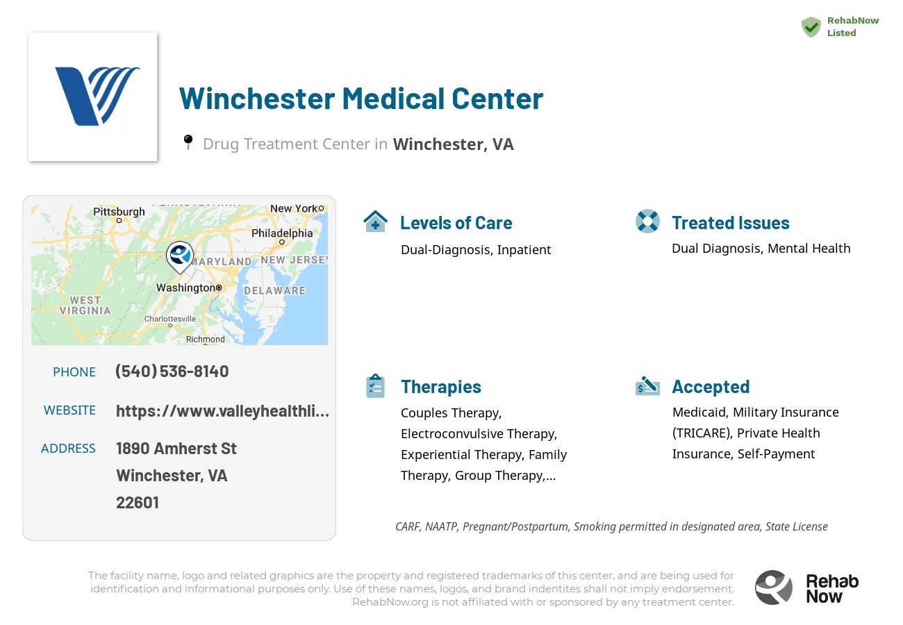 Helpful reference information for Winchester Medical Center, a drug treatment center in Virginia located at: 1890 Amherst St, Winchester, VA 22601, including phone numbers, official website, and more. Listed briefly is an overview of Levels of Care, Therapies Offered, Issues Treated, and accepted forms of Payment Methods.