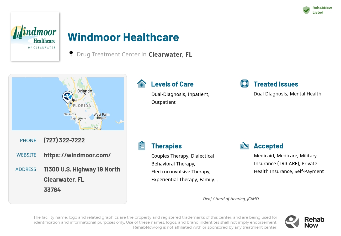 Helpful reference information for Windmoor Healthcare, a drug treatment center in Florida located at: 11300 U.S. Highway 19 North, Clearwater, FL, 33764, including phone numbers, official website, and more. Listed briefly is an overview of Levels of Care, Therapies Offered, Issues Treated, and accepted forms of Payment Methods.