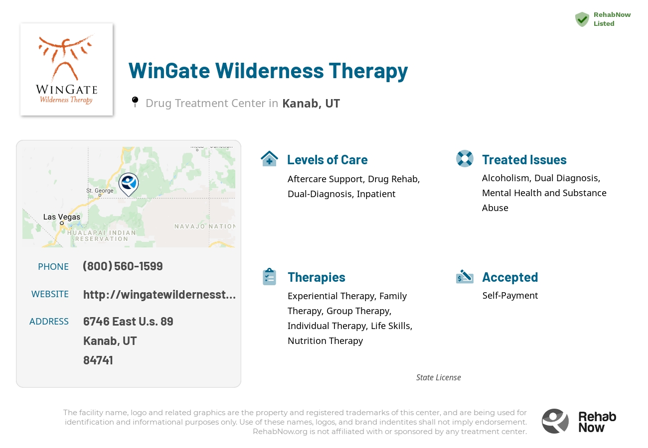 Helpful reference information for WinGate Wilderness Therapy, a drug treatment center in Utah located at: 6746 6746 East U.s. 89, Kanab, UT 84741, including phone numbers, official website, and more. Listed briefly is an overview of Levels of Care, Therapies Offered, Issues Treated, and accepted forms of Payment Methods.