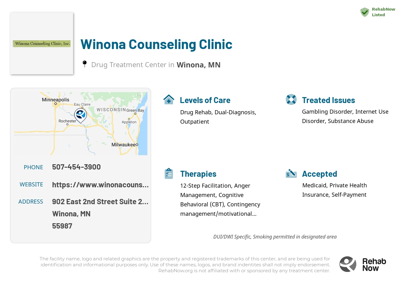 Helpful reference information for Winona Counseling Clinic, a drug treatment center in Minnesota located at: 902 East 2nd Street Suite 220, Winona, MN 55987, including phone numbers, official website, and more. Listed briefly is an overview of Levels of Care, Therapies Offered, Issues Treated, and accepted forms of Payment Methods.