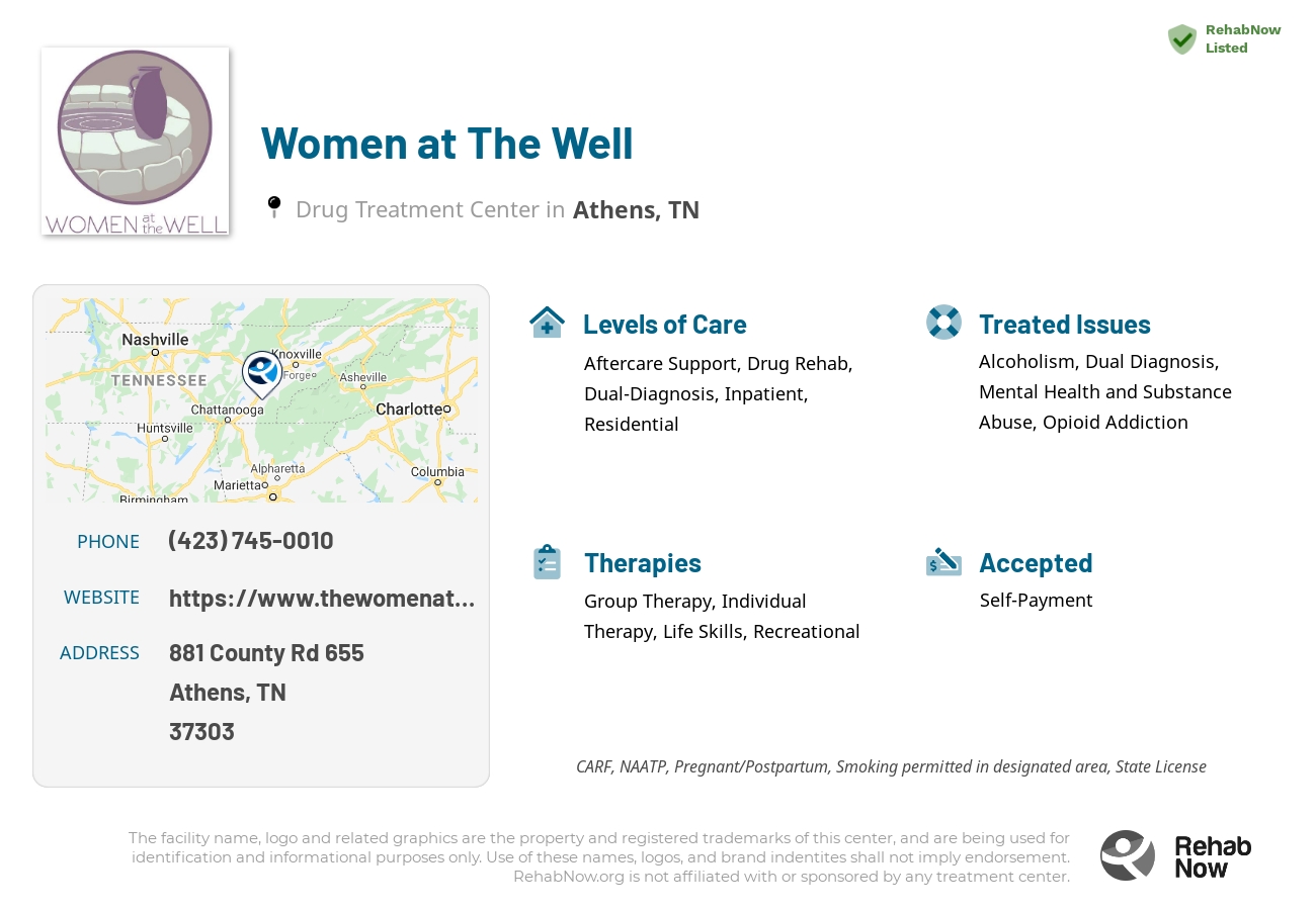 Helpful reference information for Women at The Well, a drug treatment center in Tennessee located at: 881 County Rd 655, Athens, TN 37303, including phone numbers, official website, and more. Listed briefly is an overview of Levels of Care, Therapies Offered, Issues Treated, and accepted forms of Payment Methods.