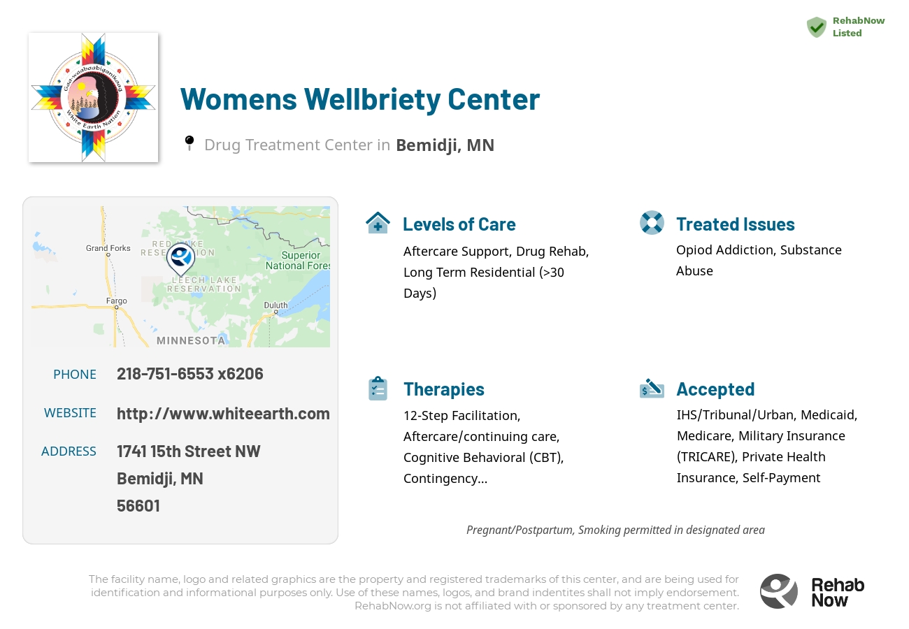 Helpful reference information for Womens Wellbriety Center, a drug treatment center in Minnesota located at: 1741 15th Street NW, Bemidji, MN 56601, including phone numbers, official website, and more. Listed briefly is an overview of Levels of Care, Therapies Offered, Issues Treated, and accepted forms of Payment Methods.