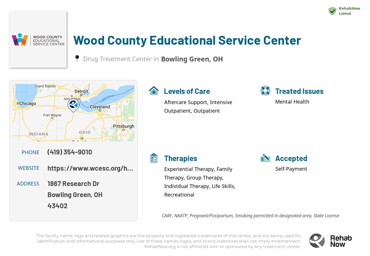 Helpful reference information for Wood County Educational Service Center, a drug treatment center in Ohio located at: 1867 Research Dr, Bowling Green, OH 43402, including phone numbers, official website, and more. Listed briefly is an overview of Levels of Care, Therapies Offered, Issues Treated, and accepted forms of Payment Methods.