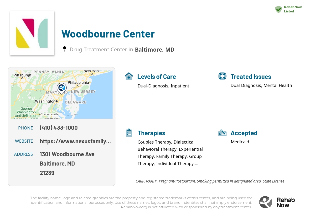 Helpful reference information for Woodbourne Center, a drug treatment center in Maryland located at: 1301 Woodbourne Ave, Baltimore, MD 21239, including phone numbers, official website, and more. Listed briefly is an overview of Levels of Care, Therapies Offered, Issues Treated, and accepted forms of Payment Methods.