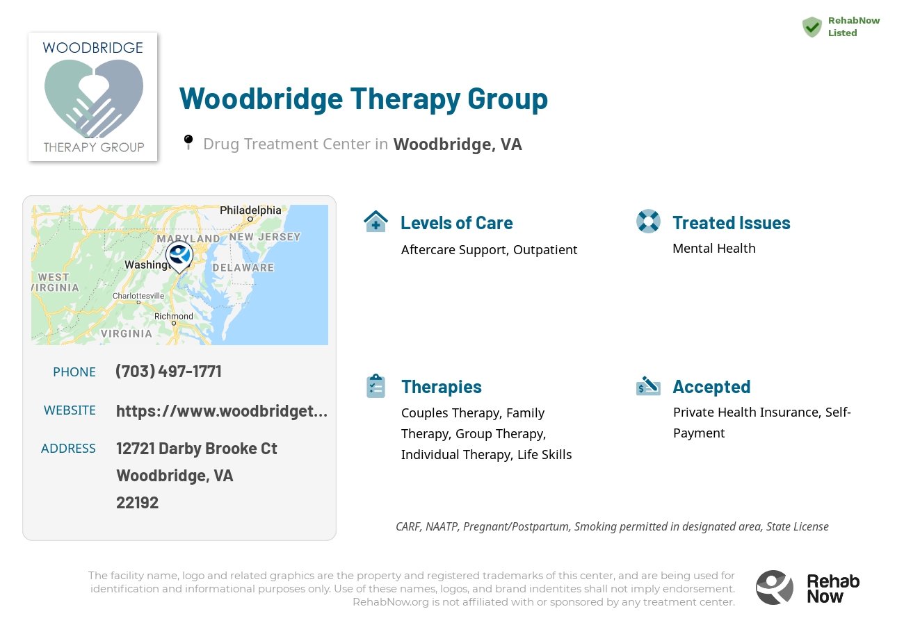 Helpful reference information for Woodbridge Therapy Group, a drug treatment center in Virginia located at: 12721 Darby Brooke Ct, Woodbridge, VA 22192, including phone numbers, official website, and more. Listed briefly is an overview of Levels of Care, Therapies Offered, Issues Treated, and accepted forms of Payment Methods.