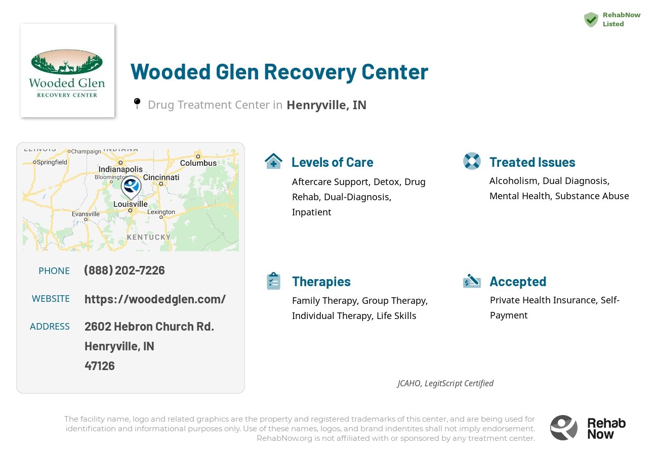 Helpful reference information for Wooded Glen Recovery Center, a drug treatment center in Indiana located at: 2602 Hebron Church Rd., Henryville, IN, 47126, including phone numbers, official website, and more. Listed briefly is an overview of Levels of Care, Therapies Offered, Issues Treated, and accepted forms of Payment Methods.