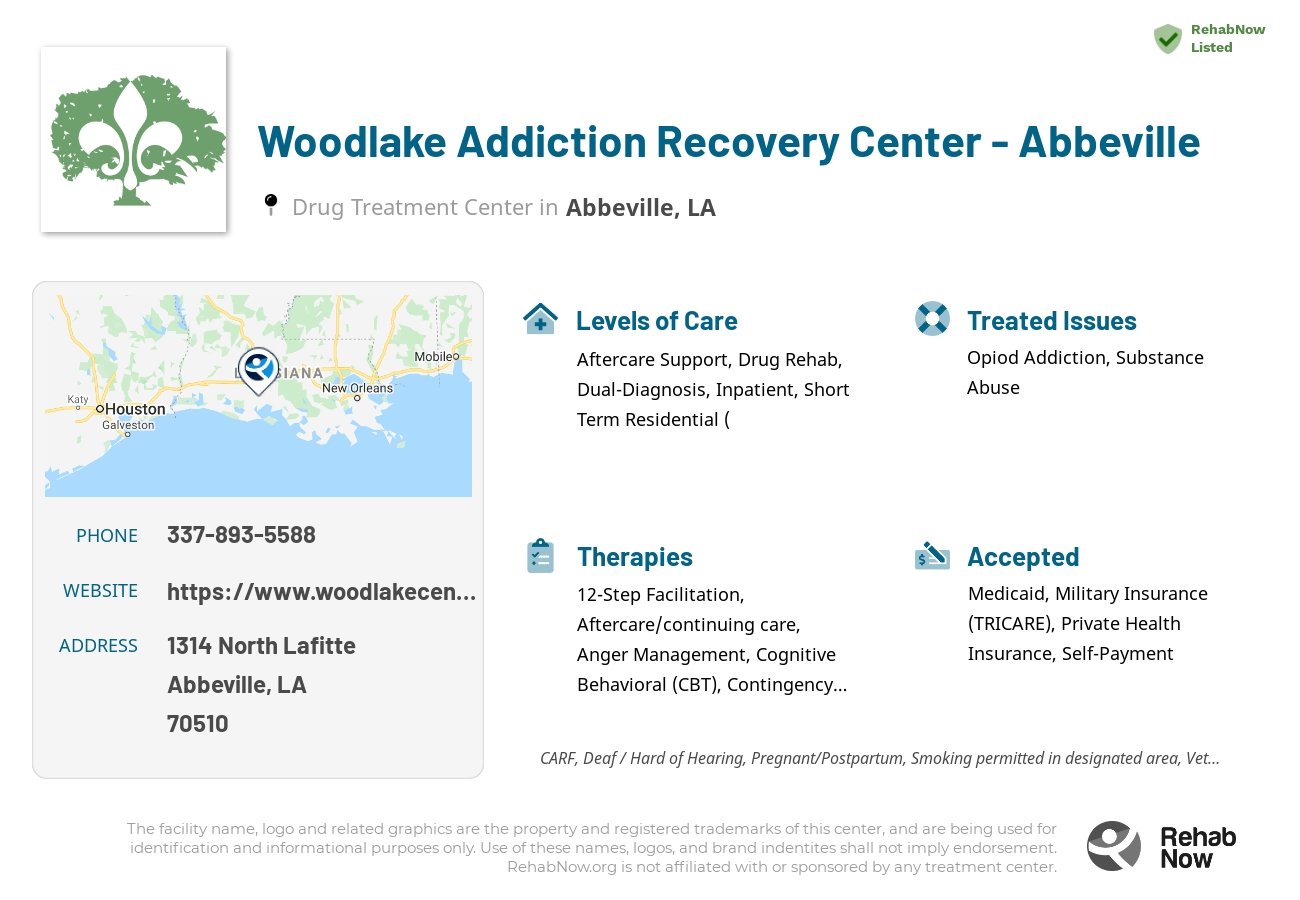 Helpful reference information for Woodlake Addiction Recovery Center - Abbeville, a drug treatment center in Louisiana located at: 1314 North Lafitte, Abbeville, LA 70510, including phone numbers, official website, and more. Listed briefly is an overview of Levels of Care, Therapies Offered, Issues Treated, and accepted forms of Payment Methods.