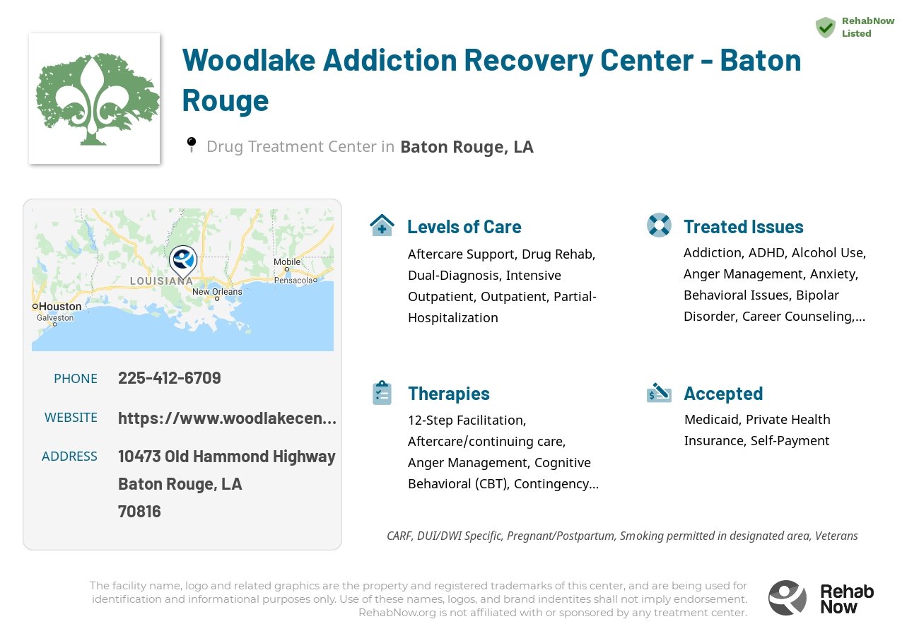 Helpful reference information for Woodlake Addiction Recovery Center - Baton Rouge, a drug treatment center in Louisiana located at: 10473 Old Hammond Highway, Baton Rouge, LA 70816, including phone numbers, official website, and more. Listed briefly is an overview of Levels of Care, Therapies Offered, Issues Treated, and accepted forms of Payment Methods.