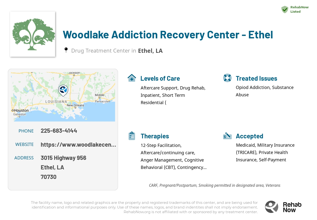Helpful reference information for Woodlake Addiction Recovery Center - Ethel, a drug treatment center in Louisiana located at: 3015 Highway 956, Ethel, LA 70730, including phone numbers, official website, and more. Listed briefly is an overview of Levels of Care, Therapies Offered, Issues Treated, and accepted forms of Payment Methods.