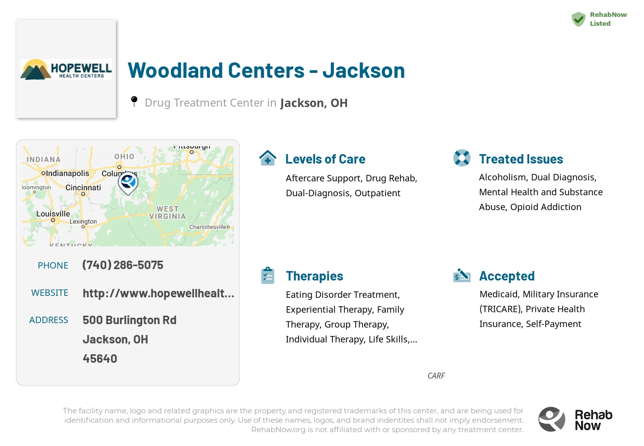Helpful reference information for Woodland Centers - Jackson, a drug treatment center in Ohio located at: 500 Burlington Rd, Jackson, OH 45640, including phone numbers, official website, and more. Listed briefly is an overview of Levels of Care, Therapies Offered, Issues Treated, and accepted forms of Payment Methods.