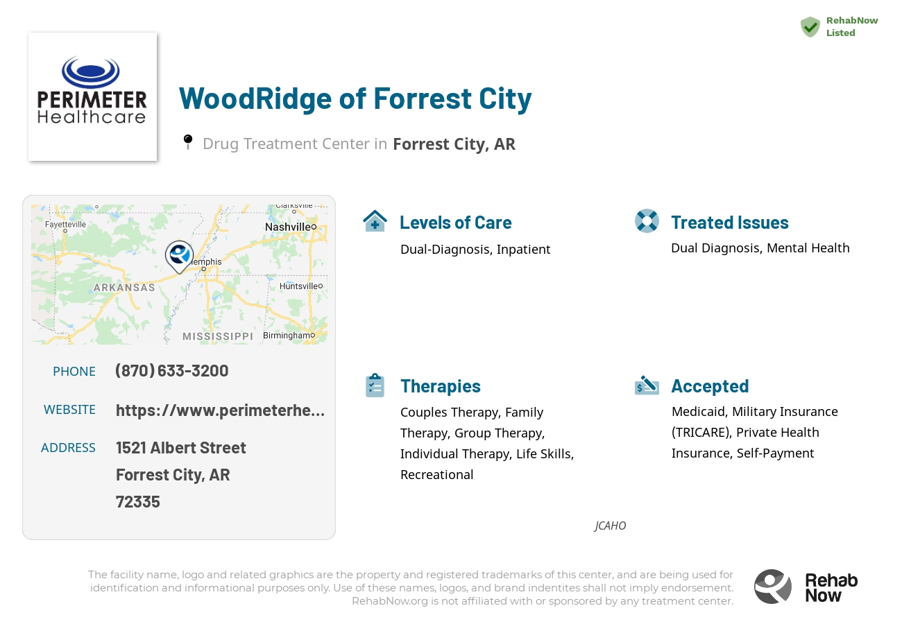 Helpful reference information for WoodRidge of Forrest City, a drug treatment center in Arkansas located at: 1521 Albert Street, Forrest City, AR, 72335, including phone numbers, official website, and more. Listed briefly is an overview of Levels of Care, Therapies Offered, Issues Treated, and accepted forms of Payment Methods.