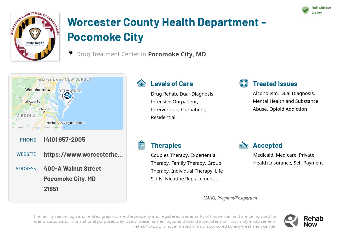 Helpful reference information for Worcester County Health Department - Pocomoke City, a drug treatment center in Maryland located at: 400-A Walnut Street, Pocomoke City, MD, 21851, including phone numbers, official website, and more. Listed briefly is an overview of Levels of Care, Therapies Offered, Issues Treated, and accepted forms of Payment Methods.