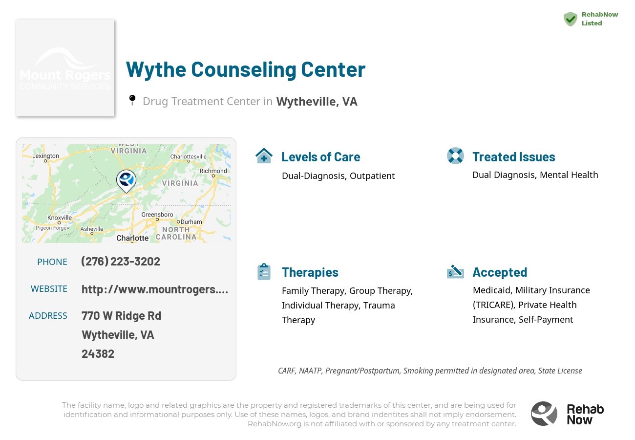 Helpful reference information for Wythe Counseling Center, a drug treatment center in Virginia located at: 770 W Ridge Rd, Wytheville, VA 24382, including phone numbers, official website, and more. Listed briefly is an overview of Levels of Care, Therapies Offered, Issues Treated, and accepted forms of Payment Methods.