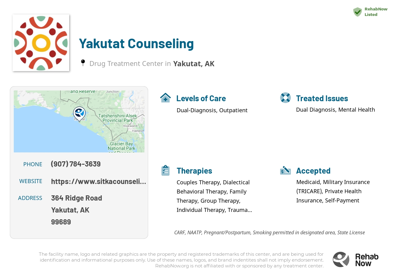 Helpful reference information for Yakutat Counseling, a drug treatment center in Alaska located at: 364 Ridge Road, Yakutat, AK, 99689, including phone numbers, official website, and more. Listed briefly is an overview of Levels of Care, Therapies Offered, Issues Treated, and accepted forms of Payment Methods.