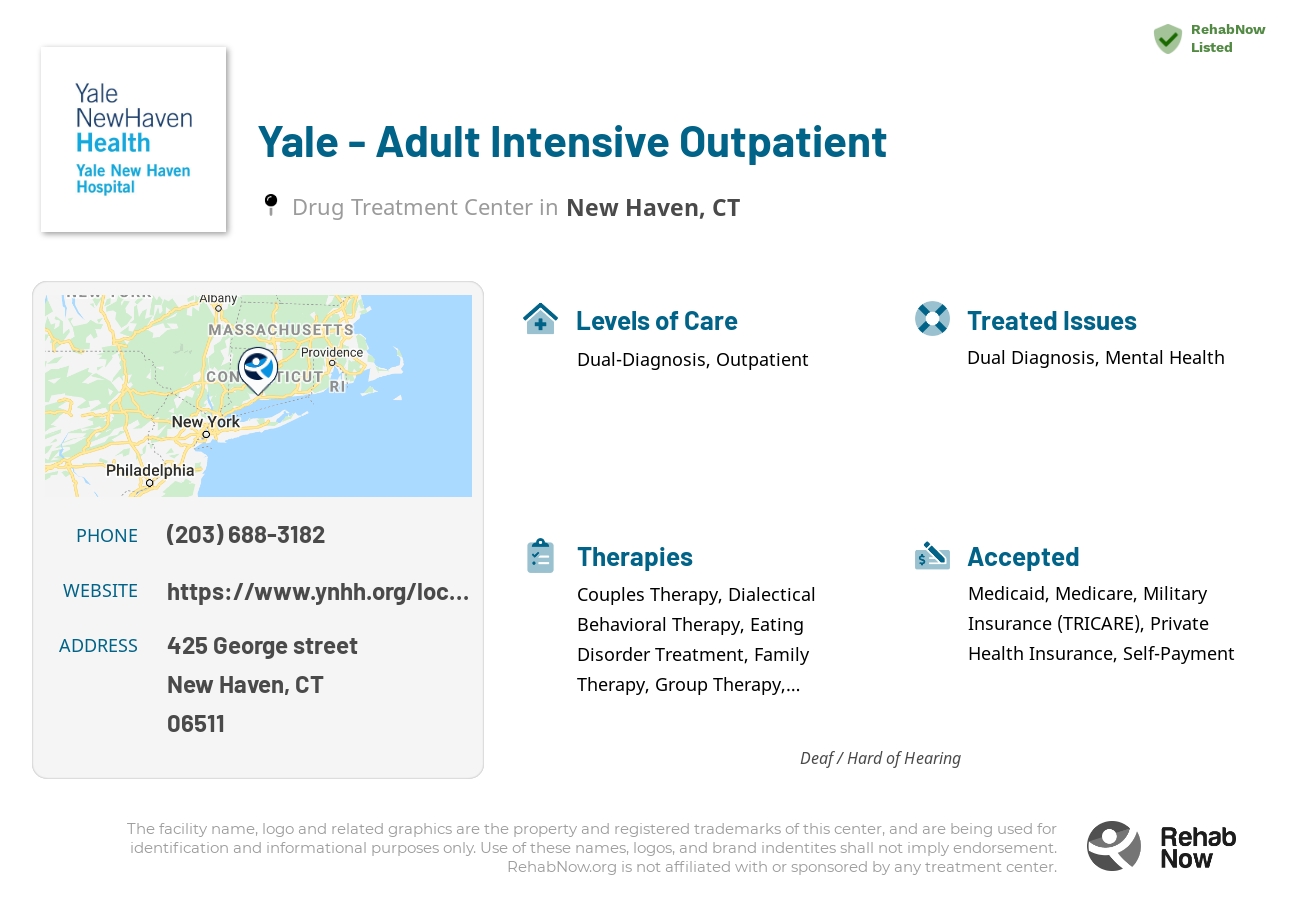 Helpful reference information for Yale - Adult Intensive Outpatient, a drug treatment center in Connecticut located at: 425 George street, New Haven, CT, 06511, including phone numbers, official website, and more. Listed briefly is an overview of Levels of Care, Therapies Offered, Issues Treated, and accepted forms of Payment Methods.
