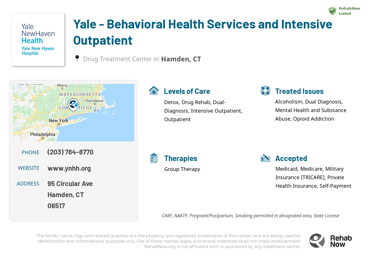 Helpful reference information for Yale - Behavioral Health Services and Intensive Outpatient, a drug treatment center in Connecticut located at: 95 Circular Ave, Hamden, CT, 06517, including phone numbers, official website, and more. Listed briefly is an overview of Levels of Care, Therapies Offered, Issues Treated, and accepted forms of Payment Methods.