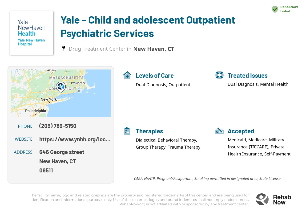 Helpful reference information for Yale - Child and adolescent Outpatient Psychiatric Services, a drug treatment center in Connecticut located at: 646 George street, New Haven, CT, 06511, including phone numbers, official website, and more. Listed briefly is an overview of Levels of Care, Therapies Offered, Issues Treated, and accepted forms of Payment Methods.