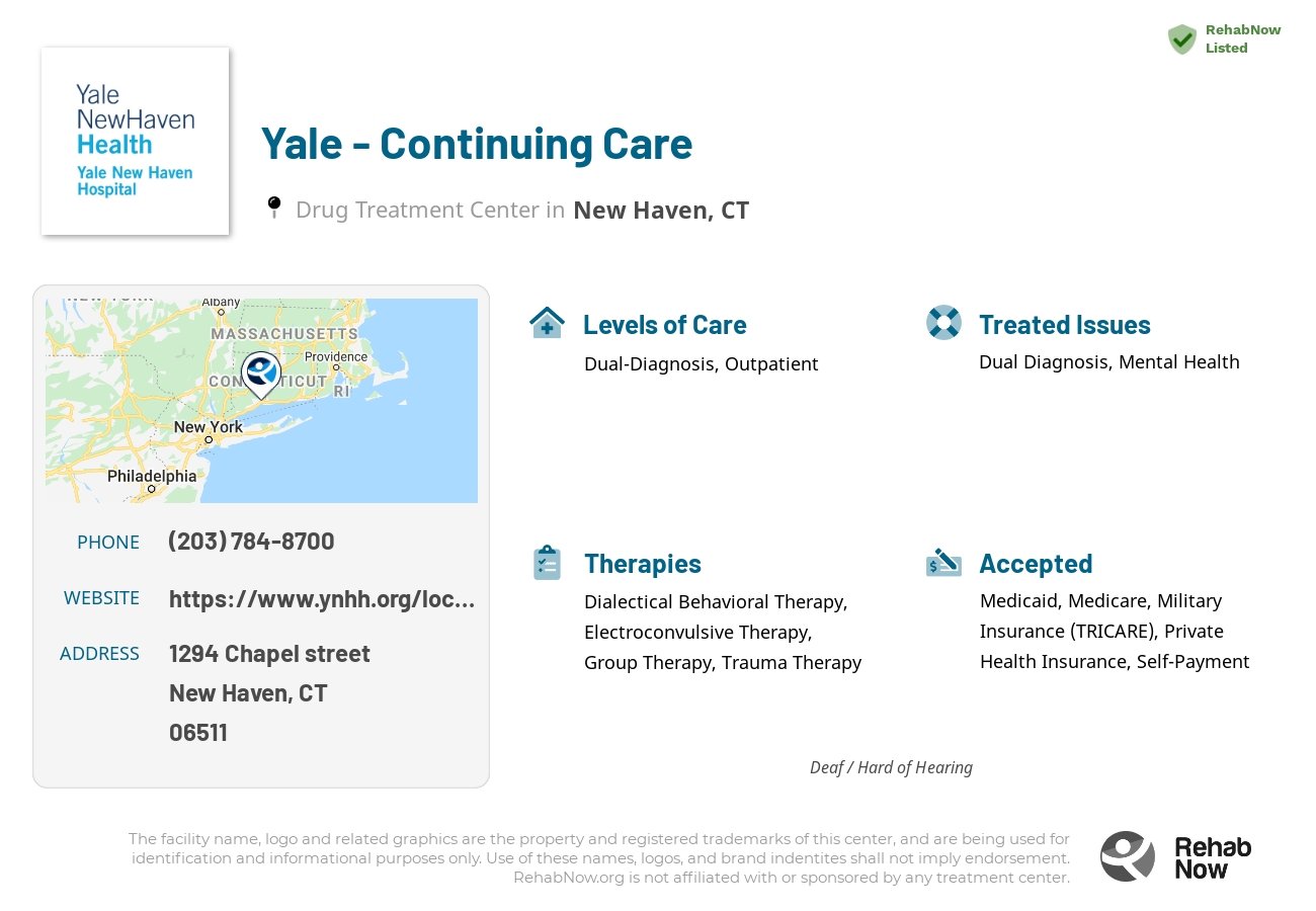 Helpful reference information for Yale - Continuing Care, a drug treatment center in Connecticut located at: 1294 Chapel street, New Haven, CT, 06511, including phone numbers, official website, and more. Listed briefly is an overview of Levels of Care, Therapies Offered, Issues Treated, and accepted forms of Payment Methods.