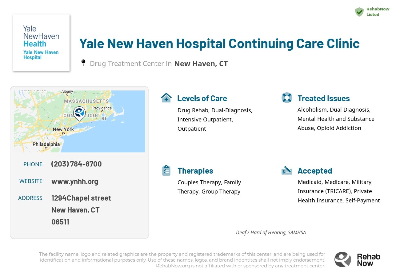 Helpful reference information for Yale New Haven Hospital Continuing Care Clinic, a drug treatment center in Connecticut located at: 1294Chapel street, New Haven, CT, 06511, including phone numbers, official website, and more. Listed briefly is an overview of Levels of Care, Therapies Offered, Issues Treated, and accepted forms of Payment Methods.