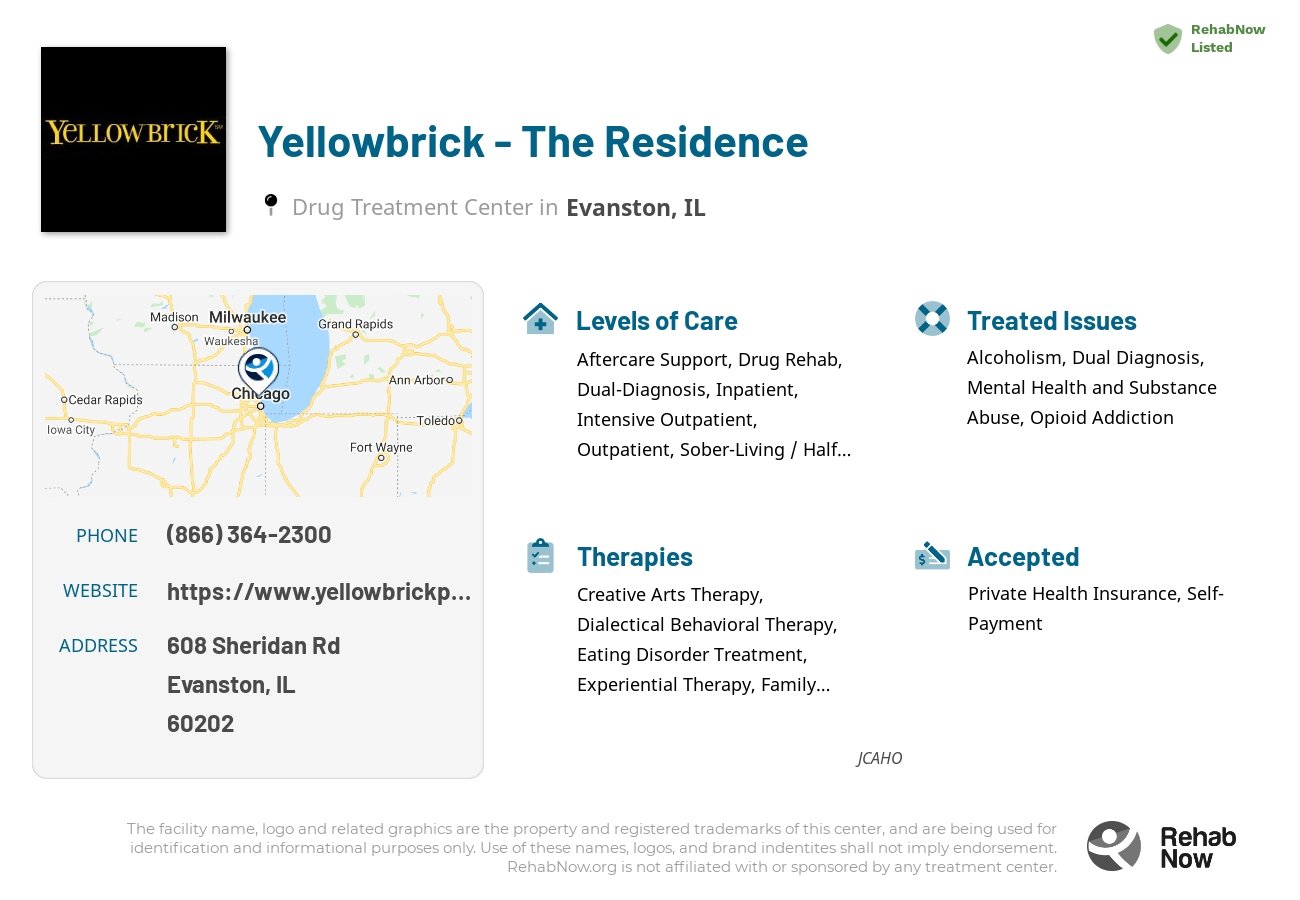 Helpful reference information for Yellowbrick - The Residence, a drug treatment center in Illinois located at: 608 Sheridan Rd, Evanston, IL 60202, including phone numbers, official website, and more. Listed briefly is an overview of Levels of Care, Therapies Offered, Issues Treated, and accepted forms of Payment Methods.