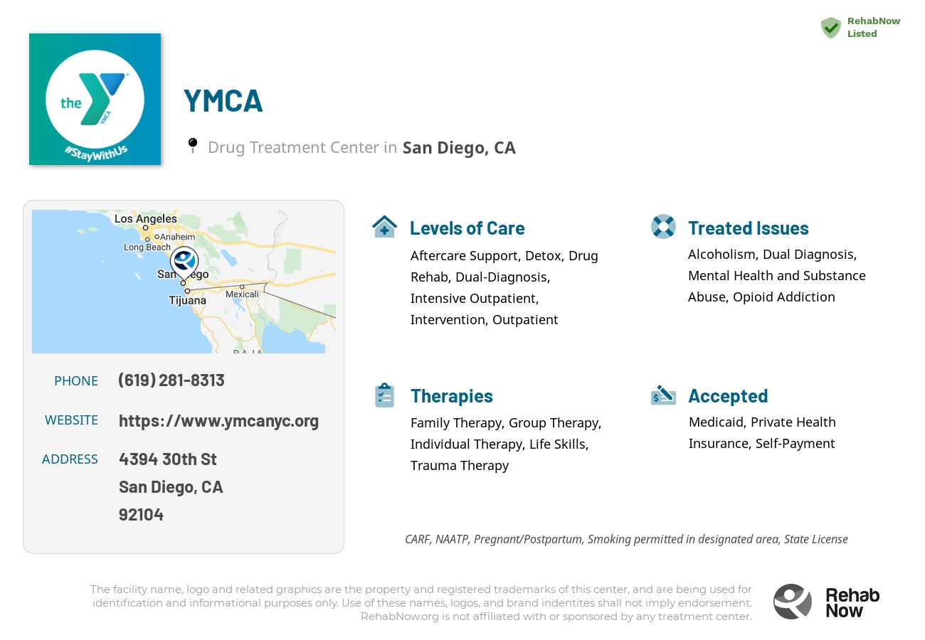 Helpful reference information for YMCA, a drug treatment center in California located at: 4394 30th St, San Diego, CA 92104, including phone numbers, official website, and more. Listed briefly is an overview of Levels of Care, Therapies Offered, Issues Treated, and accepted forms of Payment Methods.