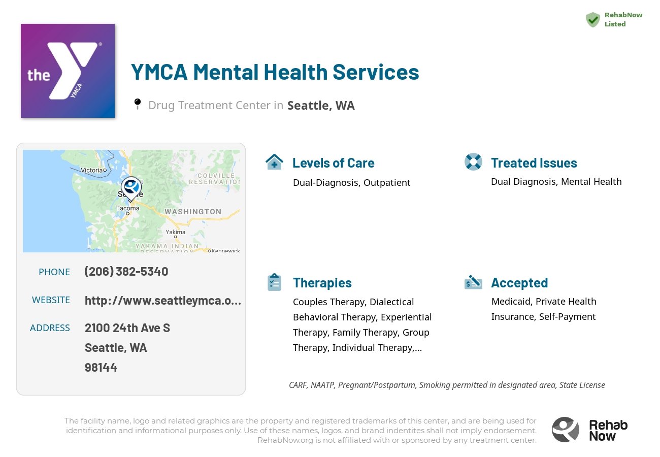 Helpful reference information for YMCA Mental Health Services, a drug treatment center in Washington located at: 2100 24th Ave S, Seattle, WA 98144, including phone numbers, official website, and more. Listed briefly is an overview of Levels of Care, Therapies Offered, Issues Treated, and accepted forms of Payment Methods.