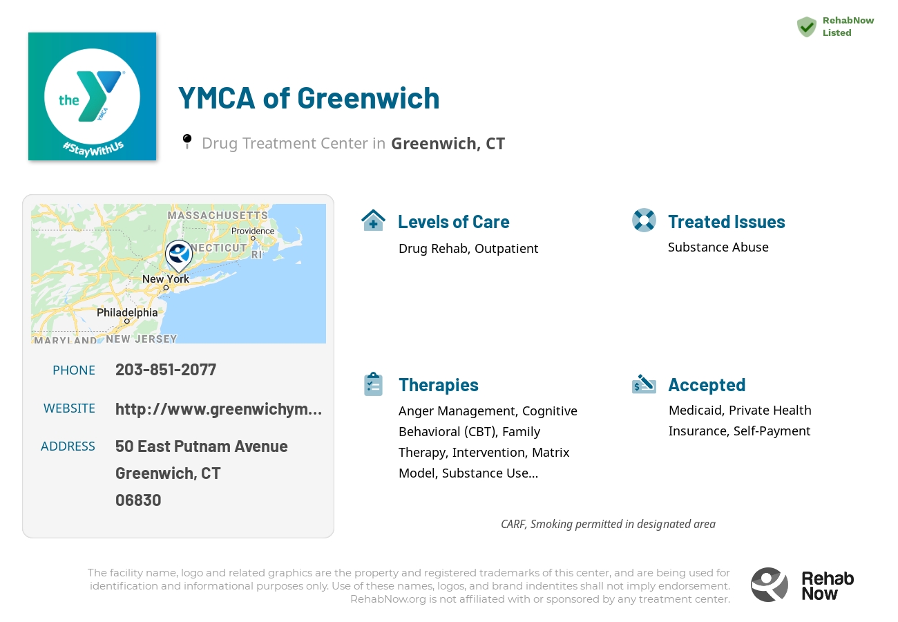 Helpful reference information for YMCA of Greenwich, a drug treatment center in Connecticut located at: 50 East Putnam Avenue, Greenwich, CT 06830, including phone numbers, official website, and more. Listed briefly is an overview of Levels of Care, Therapies Offered, Issues Treated, and accepted forms of Payment Methods.