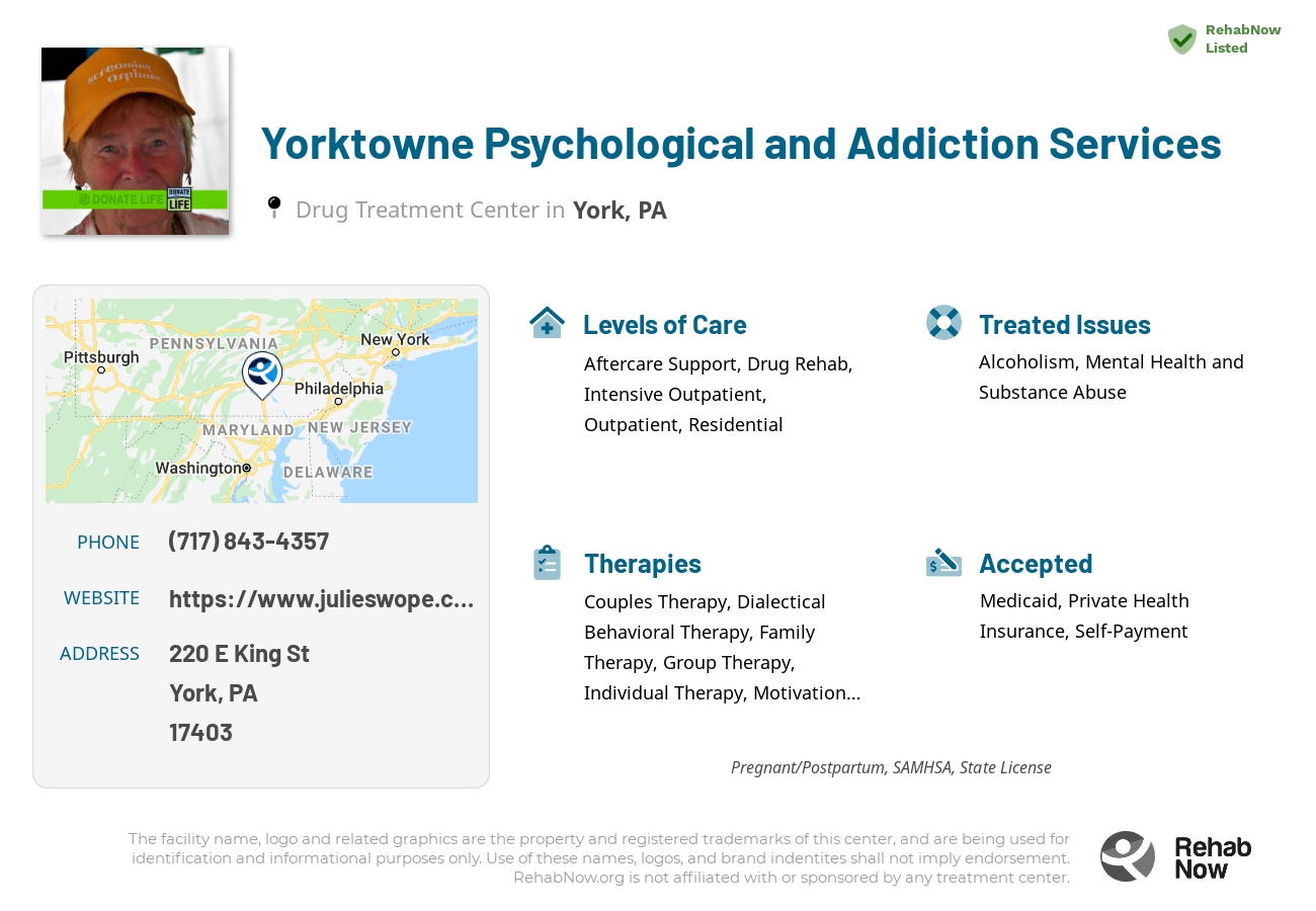 Helpful reference information for Yorktowne Psychological and Addiction Services, a drug treatment center in Pennsylvania located at: 220 E King St, York, PA 17403, including phone numbers, official website, and more. Listed briefly is an overview of Levels of Care, Therapies Offered, Issues Treated, and accepted forms of Payment Methods.