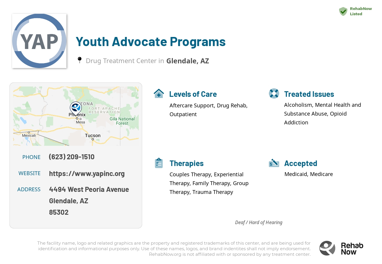 Helpful reference information for Youth Advocate Programs, a drug treatment center in Arizona located at: 4494 4494 West Peoria Avenue, Glendale, AZ 85302, including phone numbers, official website, and more. Listed briefly is an overview of Levels of Care, Therapies Offered, Issues Treated, and accepted forms of Payment Methods.